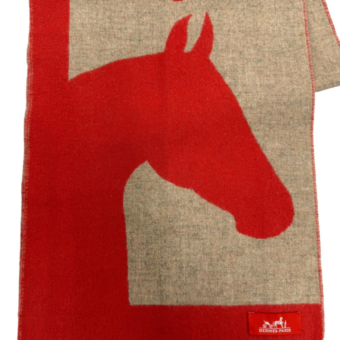 Excellent HERMES Scarf Love Story Scarf Horse pattern with fringe Red cashmere