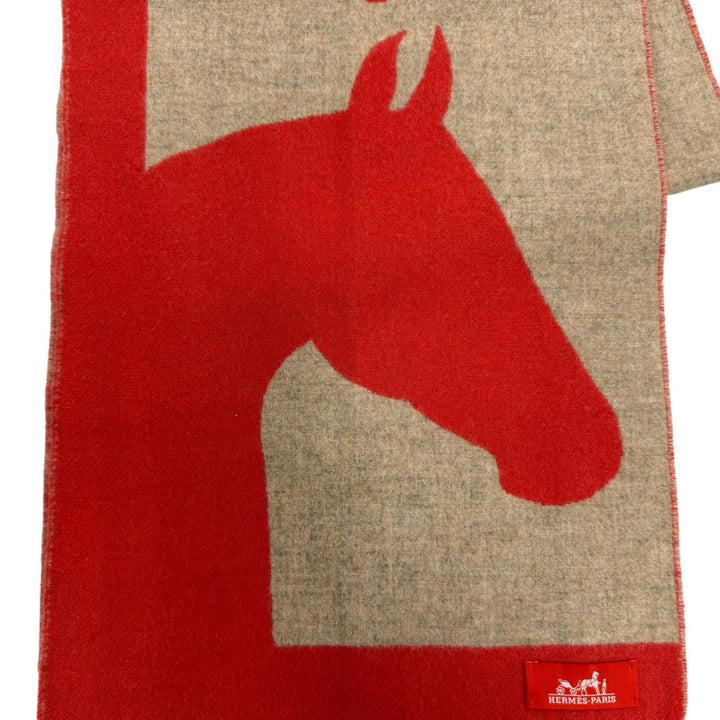 Excellent HERMES Scarf Love Story Scarf Horse pattern with fringe Red cashmere