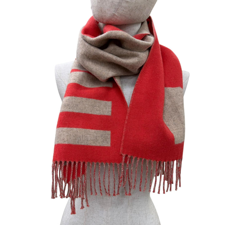 Excellent HERMES Scarf Love Story Scarf Horse pattern with fringe Red cashmere