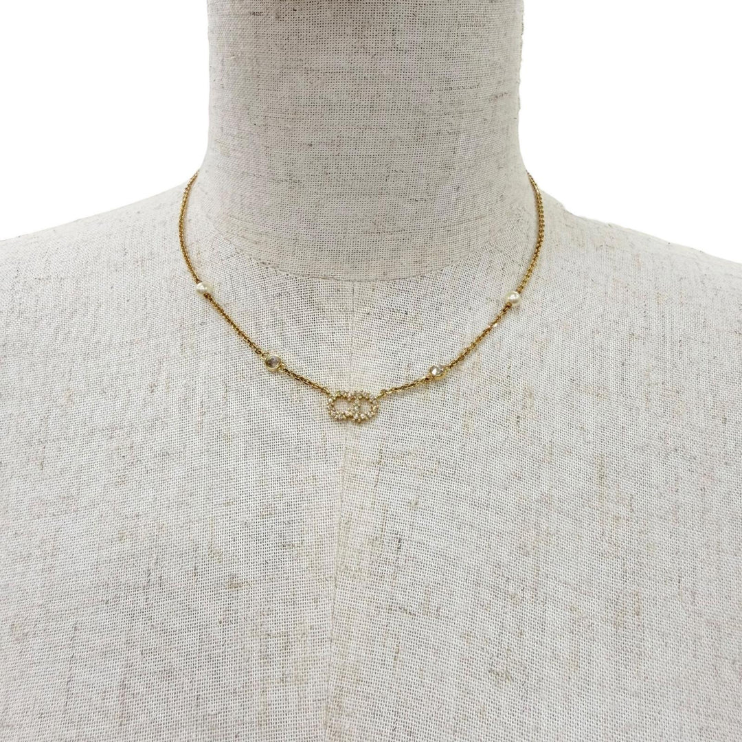 Excellent Christian Dior Clair D Lune Necklace CD logo rhinestone gold Women