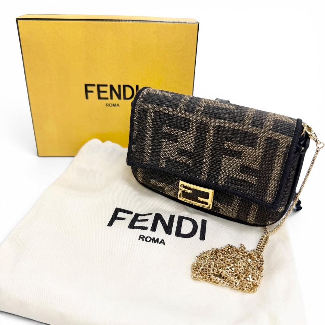 Great FENDI Nano bucket FF Logo Metal Zucca Pattern 2-Way Chain Shoulder Pouch