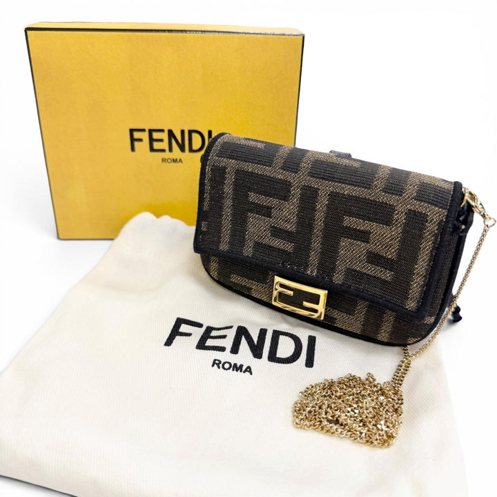 Great FENDI Nano bucket FF Logo Metal Zucca Pattern 2-Way Chain Shoulder Pouch