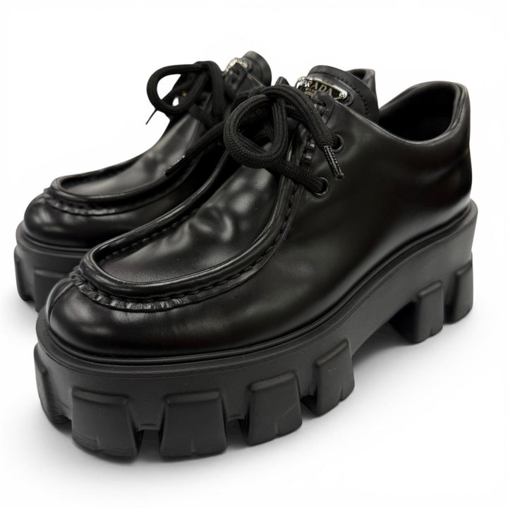 Great PRADA monolith Triangle logo brushed leather derby shoes 35.5 1E254N