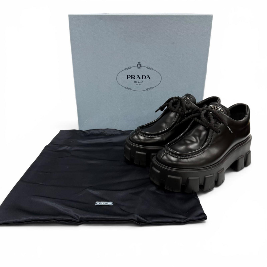 Great PRADA monolith Triangle logo brushed leather derby shoes 35.5 1E254N