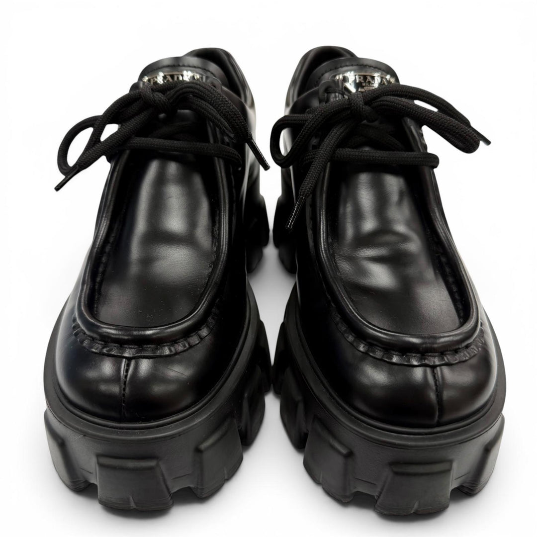 Great PRADA monolith Triangle logo brushed leather derby shoes 35.5 1E254N