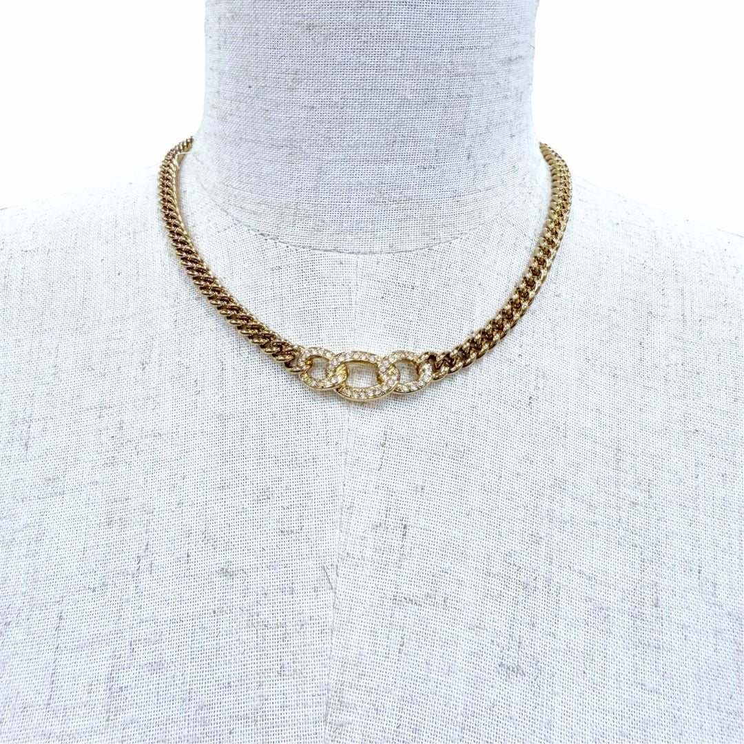 Excellent Christian Dior Necklace Rhinestone Accessory Chain gold metal Women