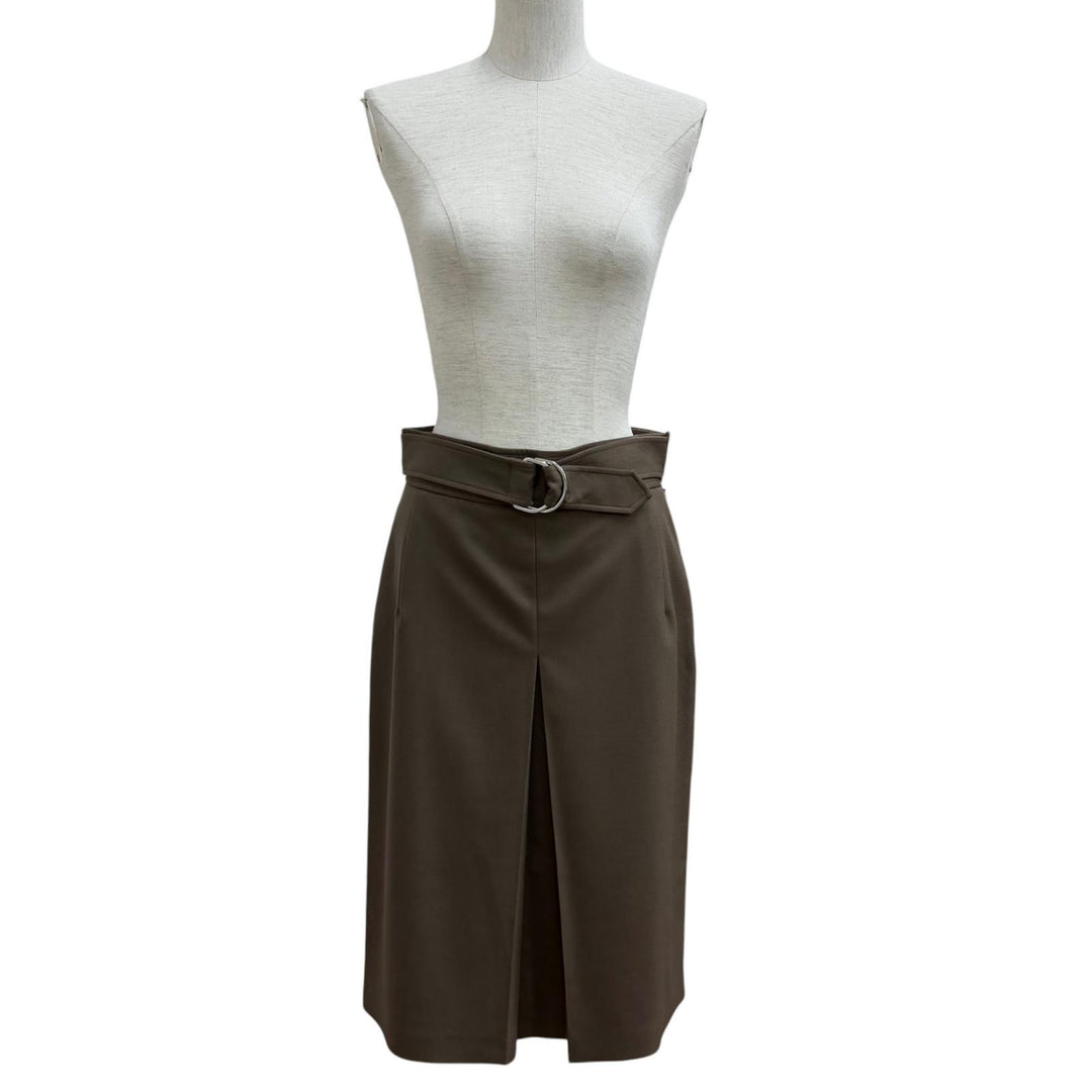 Great HERMES skirt Belt design Box Pleated wool khaki wool Women 40 2H0304DN