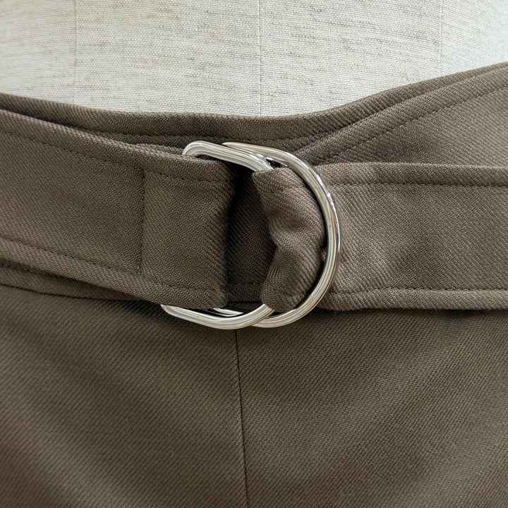Great HERMES skirt Belt design Box Pleated wool khaki wool Women 40 2H0304DN