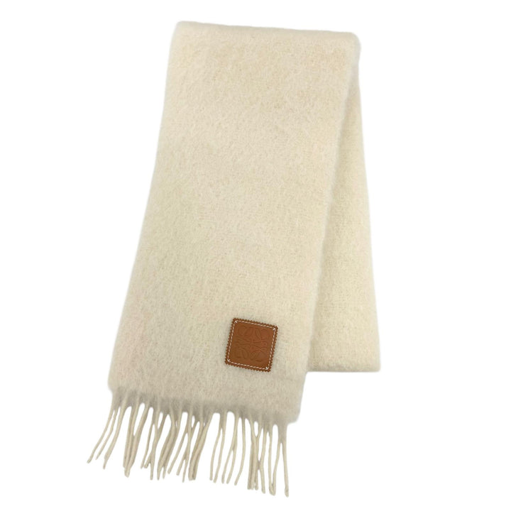 Pristine LOEWE Scarf Anagram leather patch fringe Ivory mohair Women