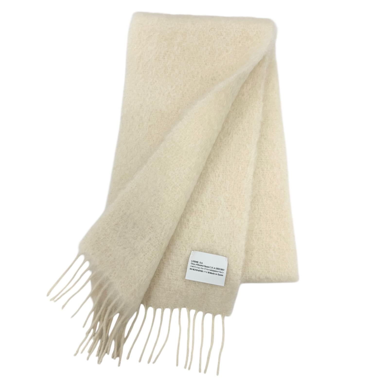 Pristine LOEWE Scarf Anagram leather patch fringe Ivory mohair