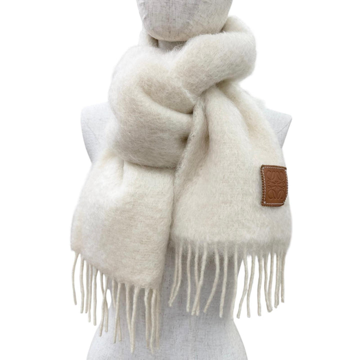 Pristine LOEWE Scarf Anagram leather patch fringe Ivory mohair Women