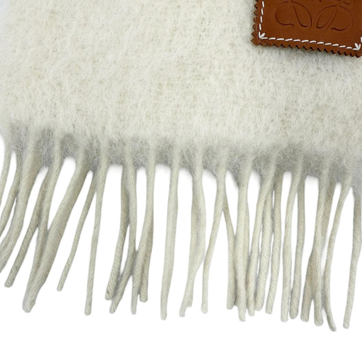 Pristine LOEWE Scarf Anagram leather patch fringe Ivory mohair Women