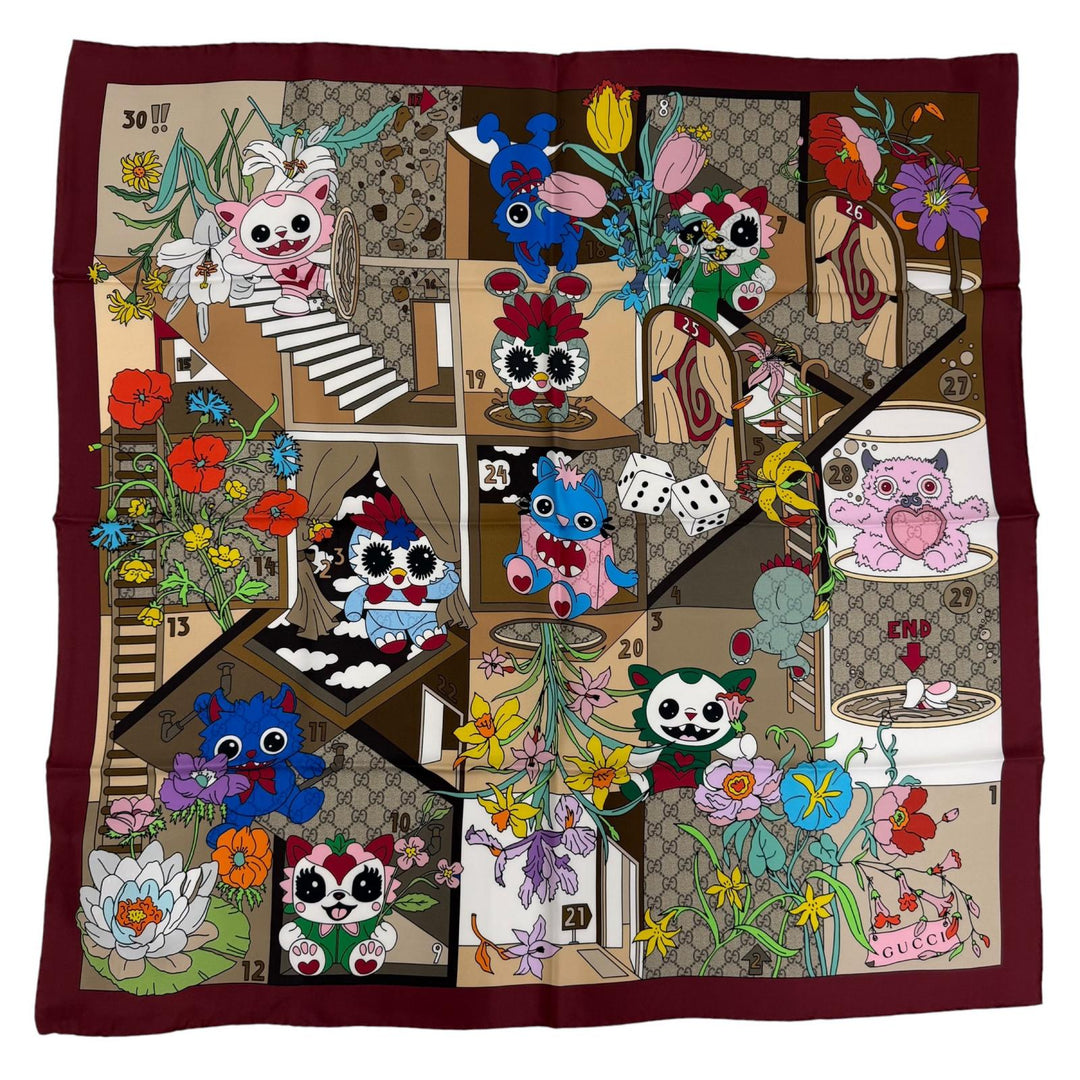 Pristine GUCCI Gucci Besties Printed Silk Twill Scarf Current product Bordeaux