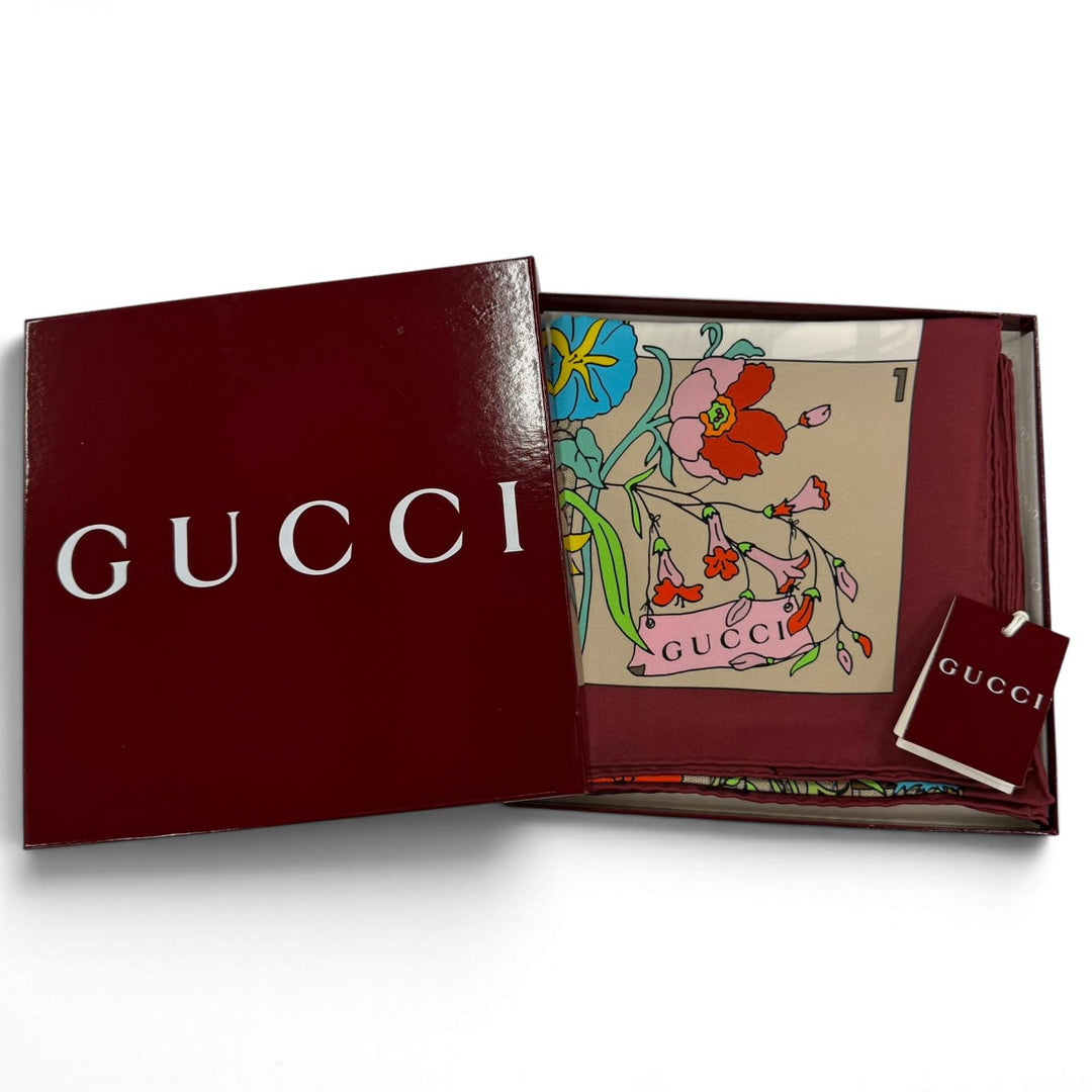 Pristine GUCCI Gucci Besties Printed Silk Twill Scarf Current product Bordeaux