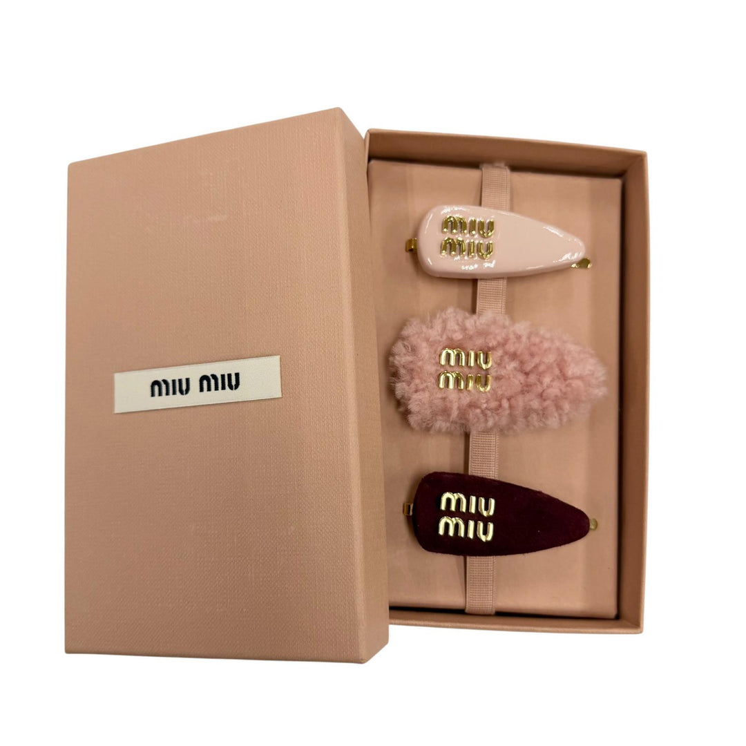 Excellent MIUMIU clip Logo Hair Clips, Set of 3, Leather Hair Accessories 5IF188