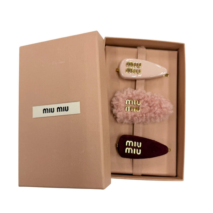Excellent MIUMIU clip Logo Hair Clips, Set of 3, Leather Hair Accessories 5IF188