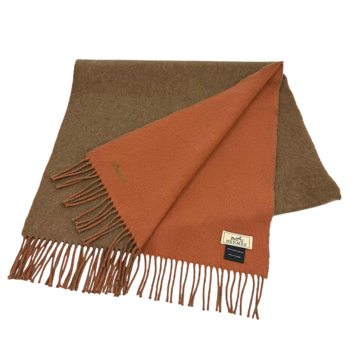 Great HERMES Scarf Recto Verso Logo embroidered fringe Brown cashmere mens