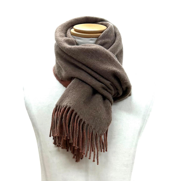 Great HERMES Scarf Recto Verso Logo embroidered fringe Brown cashmere mens