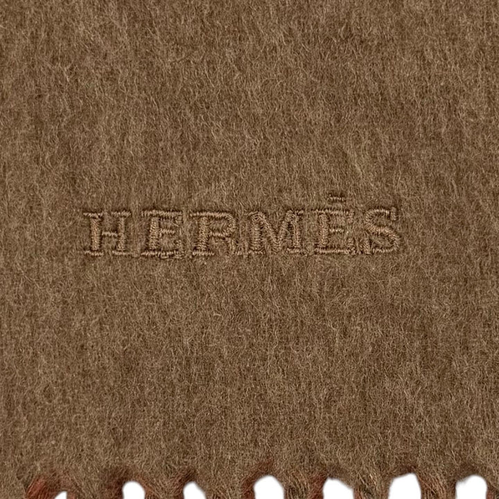 Great HERMES Scarf Recto Verso Logo embroidered fringe Brown cashmere mens