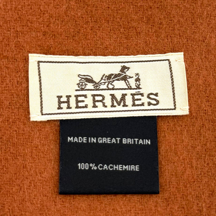 Great HERMES Scarf Recto Verso Logo embroidered fringe Brown cashmere mens