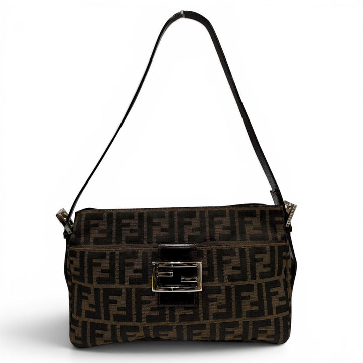 Excellent FENDI Shoulder Bag ZUCCA Pattern FF Logo with Metal Brown 26566
