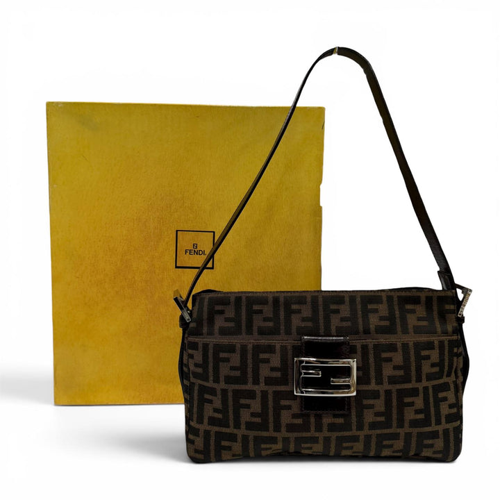 Excellent FENDI Shoulder Bag ZUCCA Pattern FF Logo with Metal Brown 26566