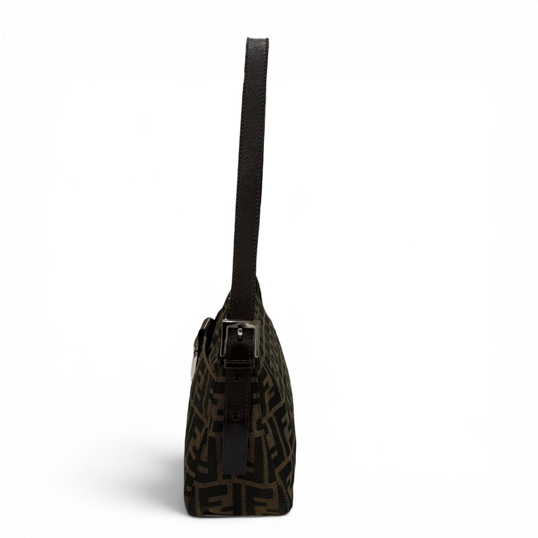 Excellent FENDI Shoulder Bag ZUCCA Pattern FF Logo with Metal Brown 26566