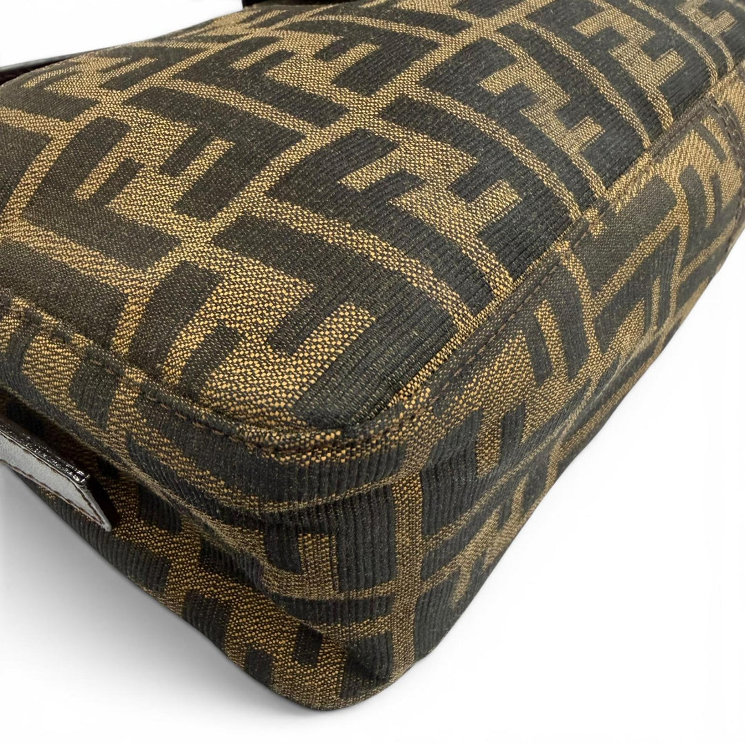 Excellent FENDI Shoulder Bag ZUCCA Pattern FF Logo with Metal Brown 26566