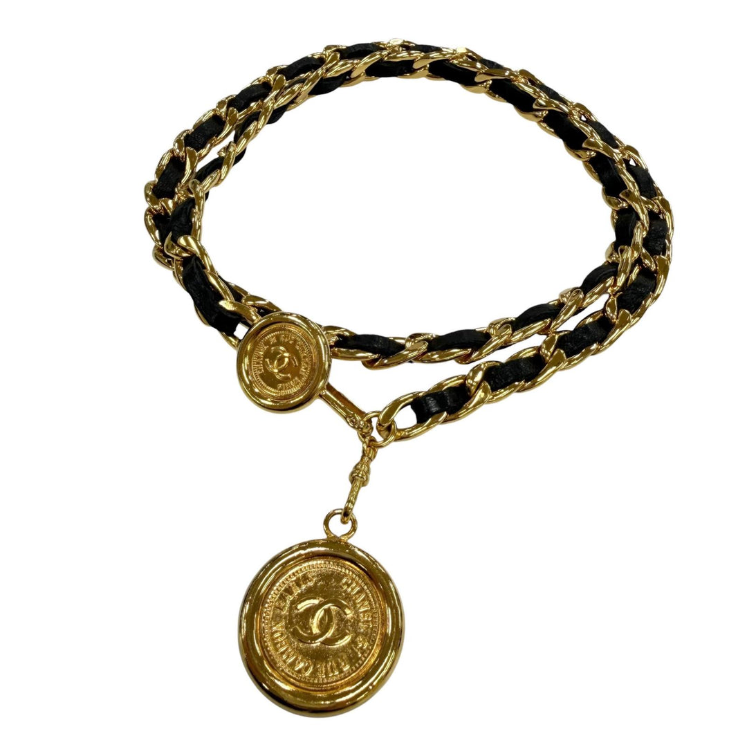 Excellent CHANEL belt COCO Mark Cambon Medal Leather Chain Belt gold Women