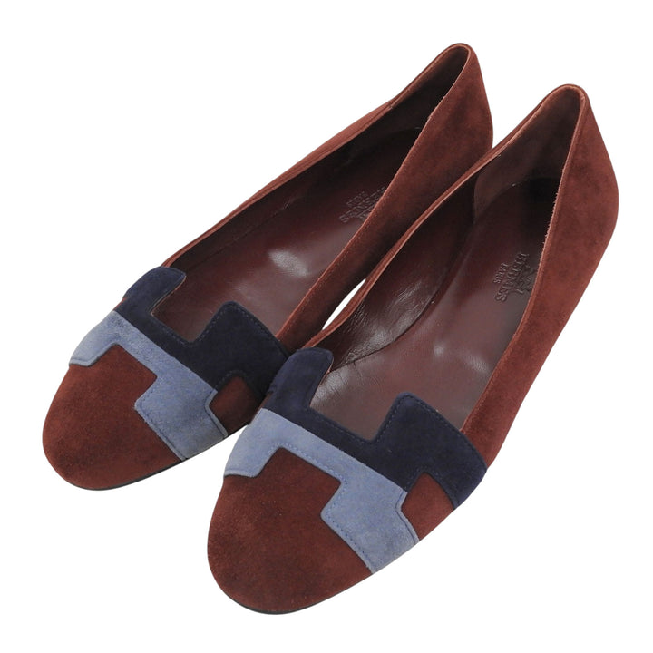 Pristine HERMES pumps H motif flat Bordeaux Suede leather Women 36.5