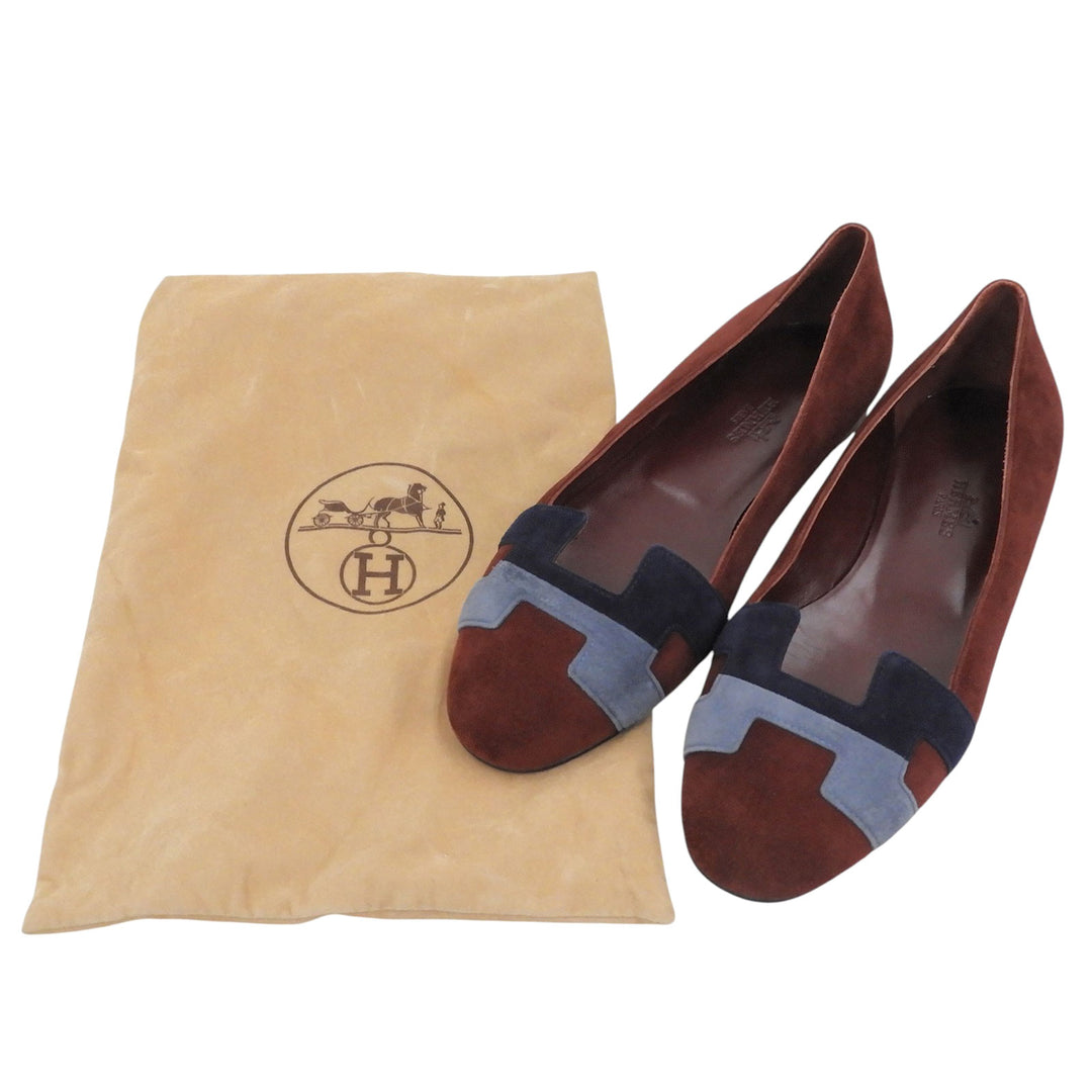 Pristine HERMES pumps H motif flat Bordeaux Suede leather Women 36.5
