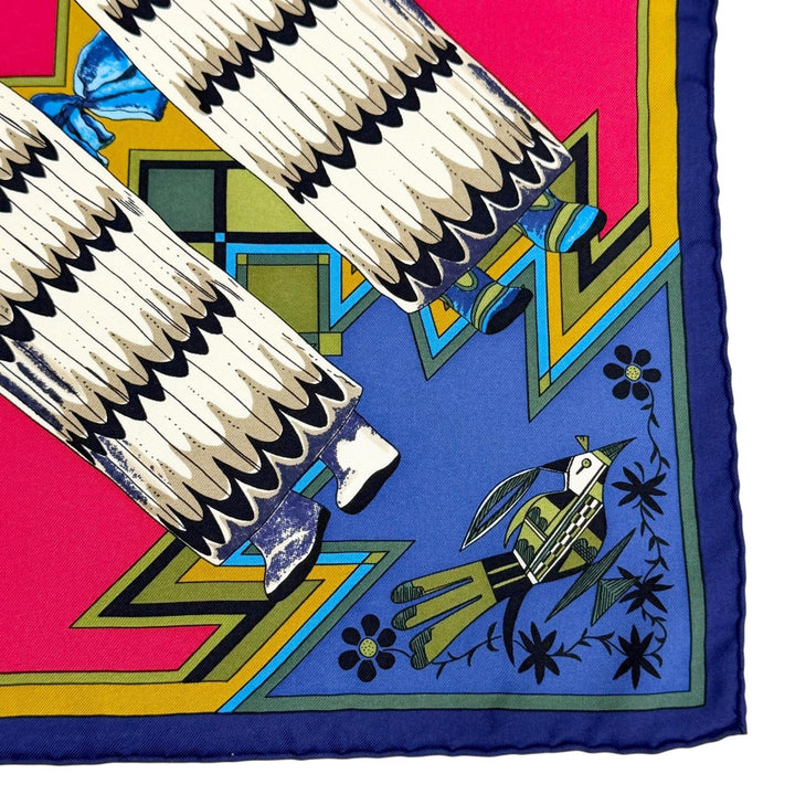 Excellent HERMES scarf Kachinas Hopi tribe Kale 90 Red series silk Women