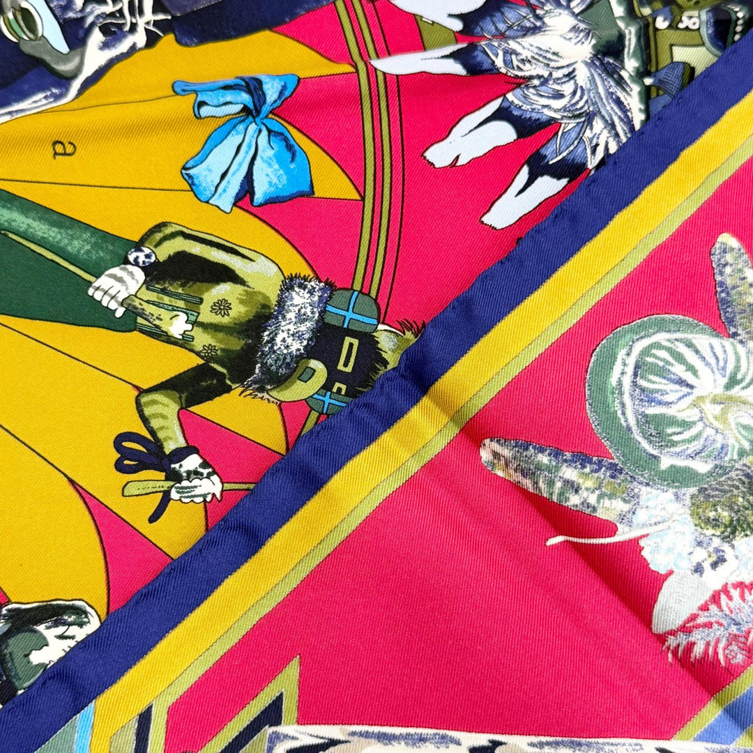 Excellent HERMES scarf Kachinas Hopi tribe Kale 90 Red series silk Women