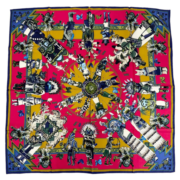 Excellent HERMES scarf Kachinas Hopi tribe Kale 90 Red series silk Women