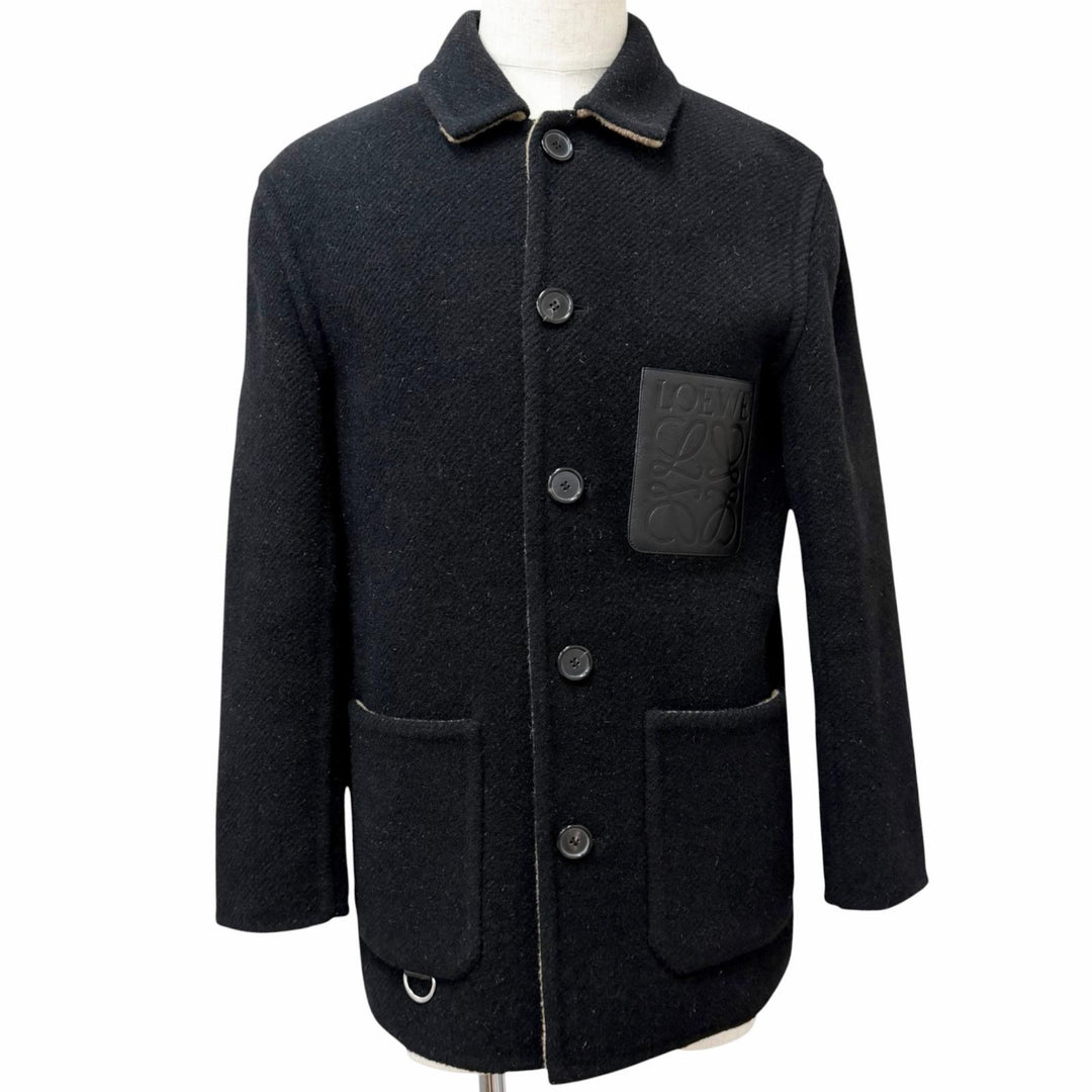 Excellent LOEWE Jacket Anagram Leather Patchwork black wool mens