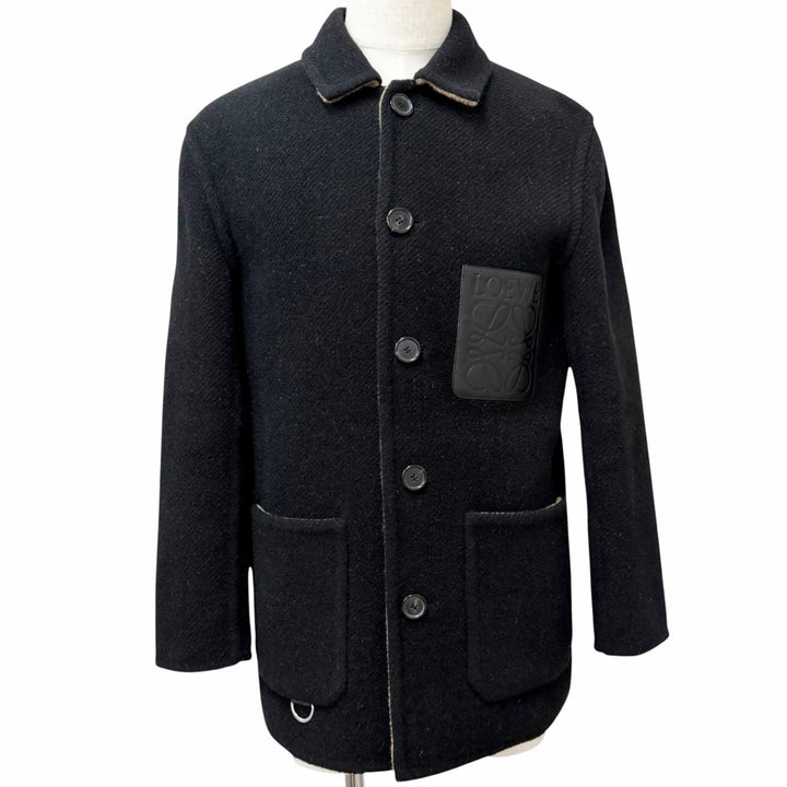 Excellent LOEWE Jacket Anagram Leather Patchwork black wool mens