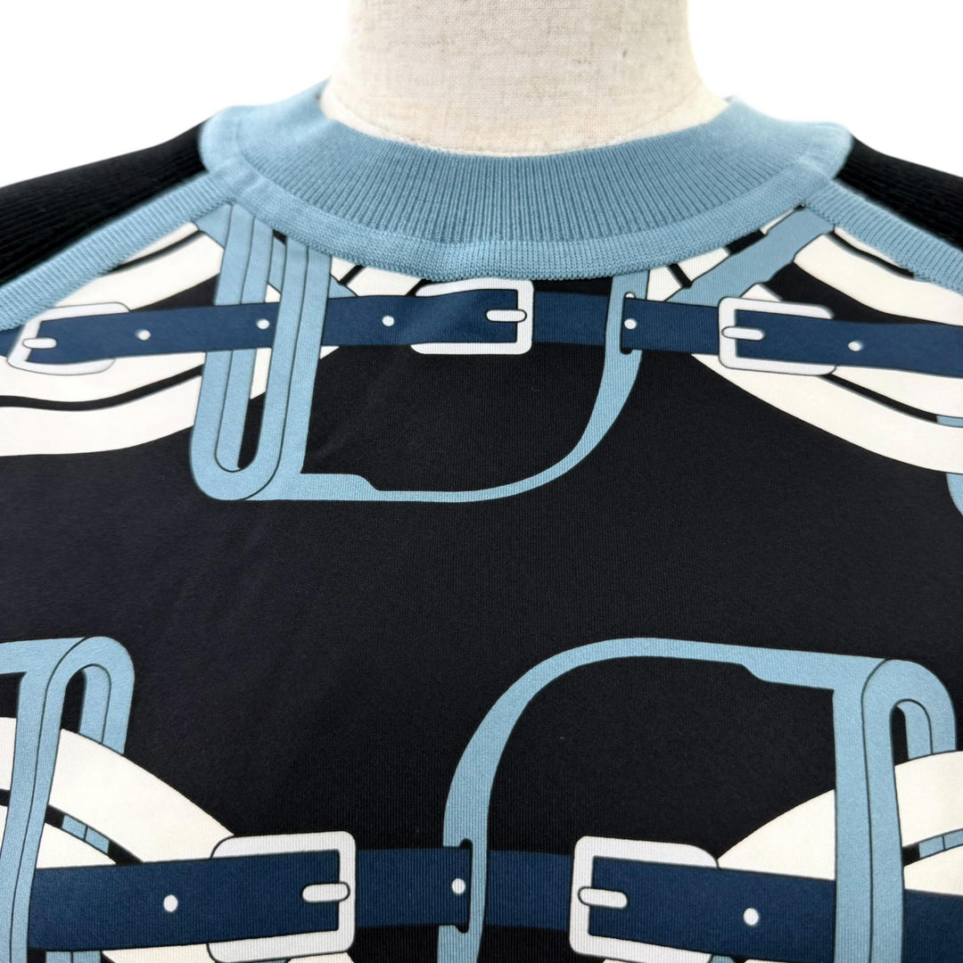 Pristine HERMES Short sleeve knit twill laine Blue silk Women 36 4H2802DT
