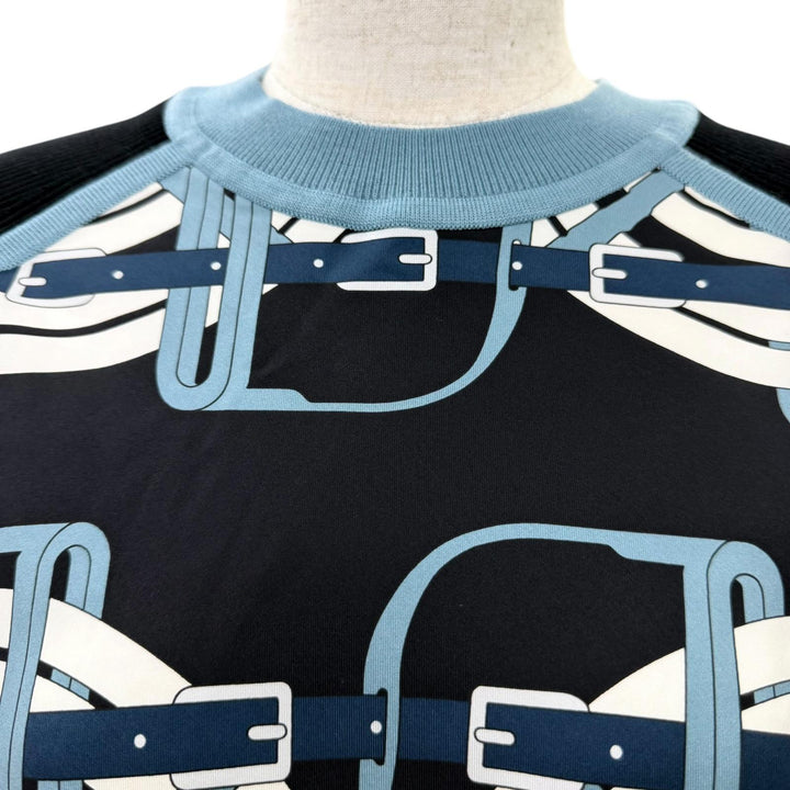 Pristine HERMES Short sleeve knit twill laine Blue silk Women 36 4H2802DT