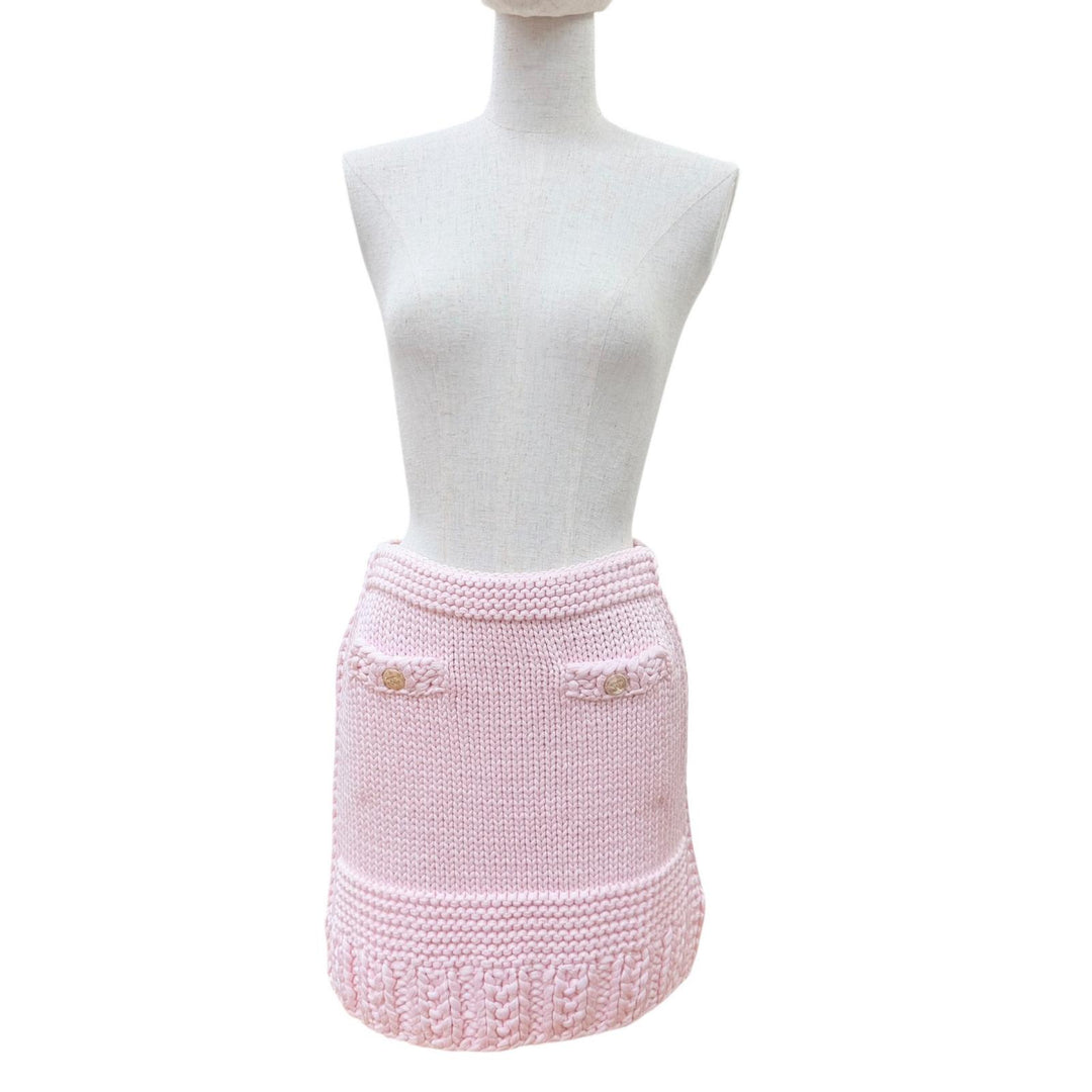 Excellent CHANEL skirt COCO Mark Metal Button Knit pink cotton Women 34 P72808
