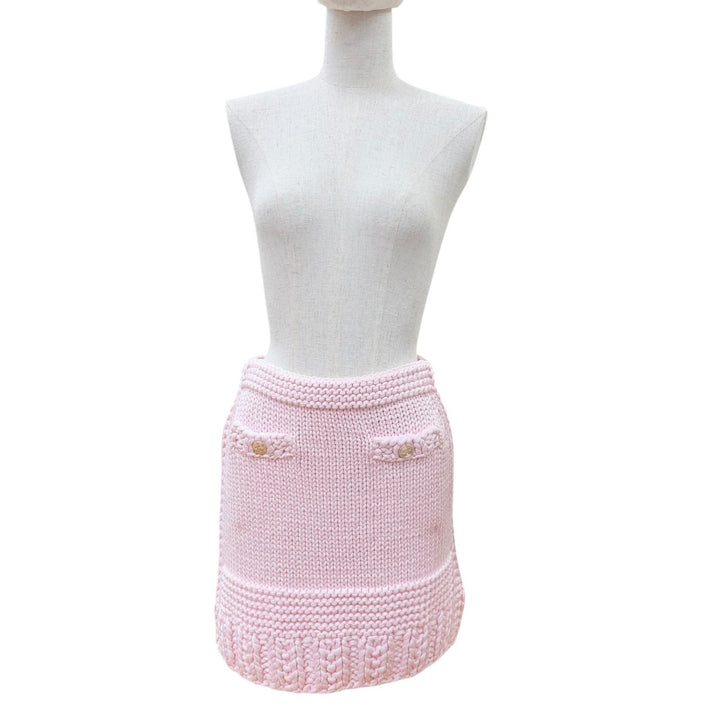 Excellent CHANEL skirt COCO Mark Metal Button Knit pink cotton Women 34 P72808