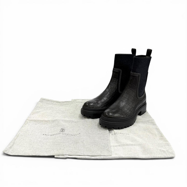 Pristine Brunello Cucinelli short boots Croco embossed Brown leather Women