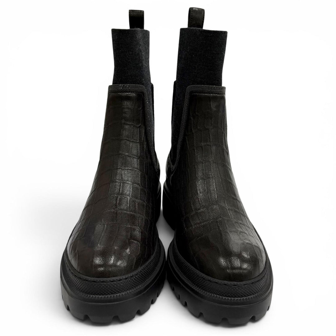 Pristine Brunello Cucinelli short boots Croco embossed Brown leather Women