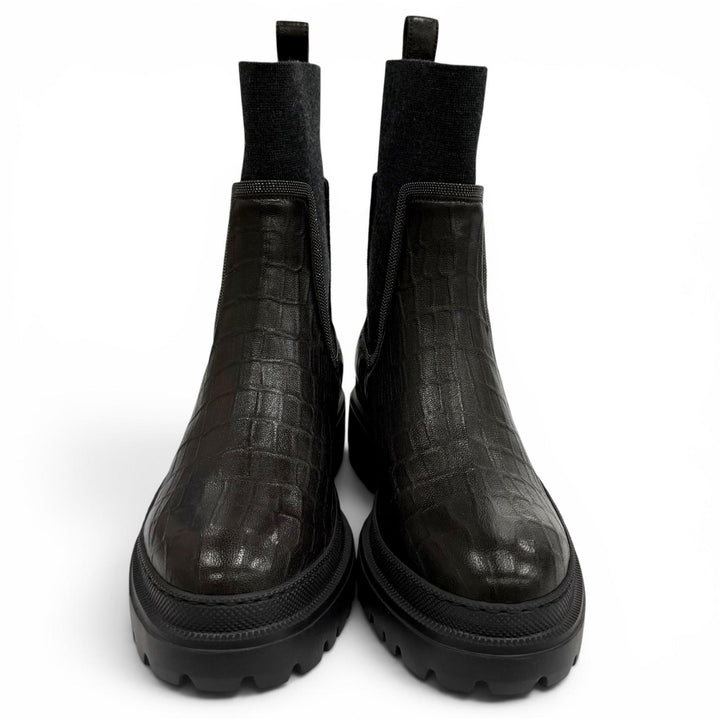 Pristine Brunello Cucinelli short boots Croco embossed Brown leather Women