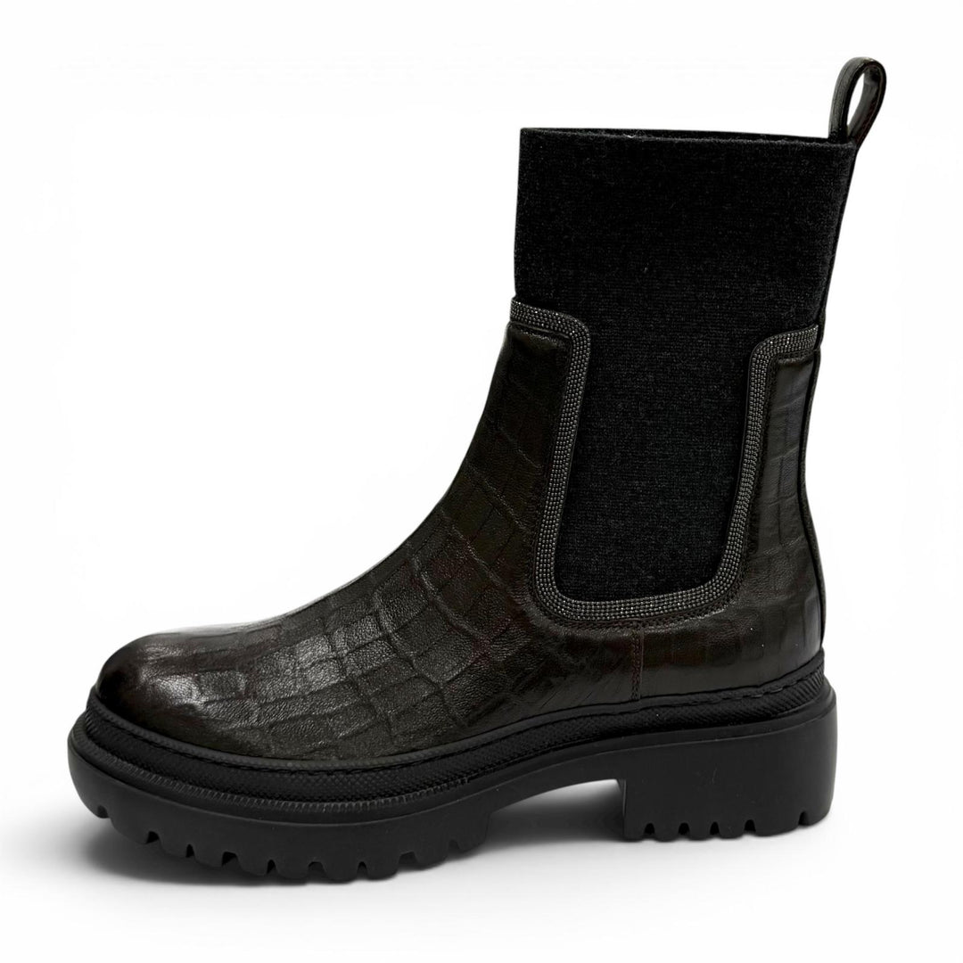 Pristine Brunello Cucinelli short boots Croco embossed Brown leather Women