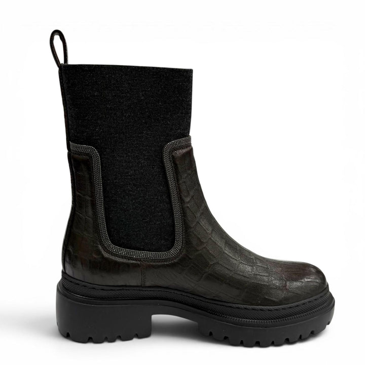 Pristine Brunello Cucinelli short boots Croco embossed Brown leather Women