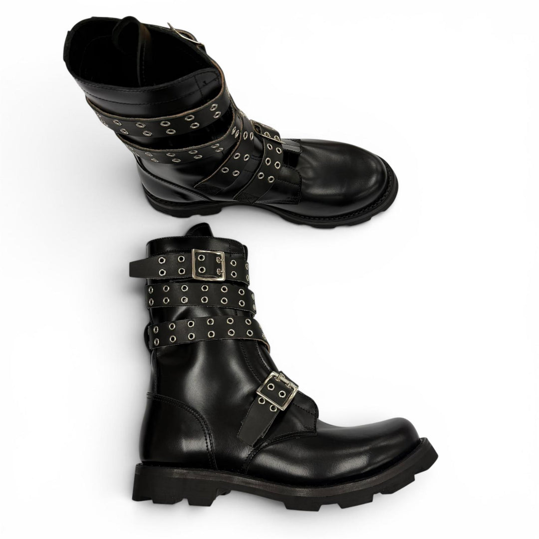 Pristine ORIMI boots STRAPPED BIKER BOOTS Belt design biker black leather 42