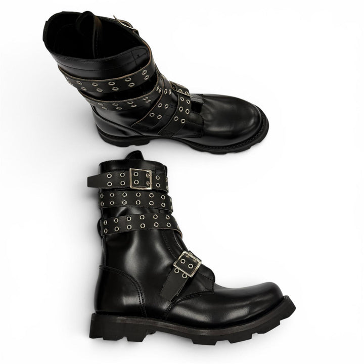Pristine ORIMI boots STRAPPED BIKER BOOTS Belt design biker black leather 42