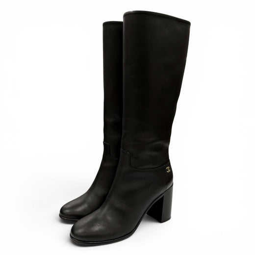 Great CHANEL Knee-high boots COCO Mark leather black leather Women 37.5 G32009