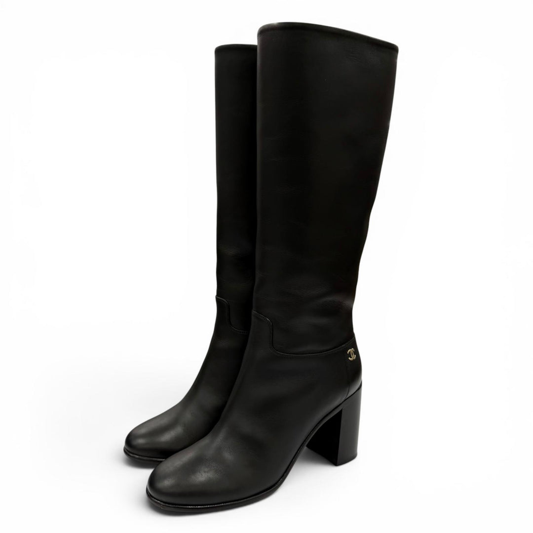 Great CHANEL Knee-high boots COCO Mark leather black leather Women 37.5 G32009