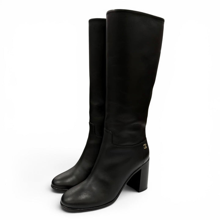 Great CHANEL Knee-high boots COCO Mark leather black leather Women 37.5 G32009